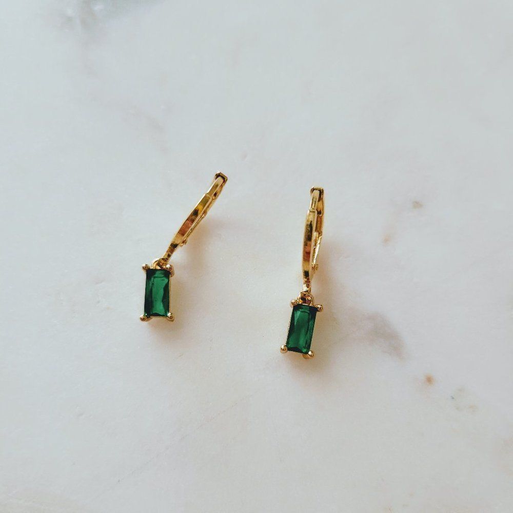 7/$35 Gold Tone Green Rhinestone Huggies - Picture 4 of 7